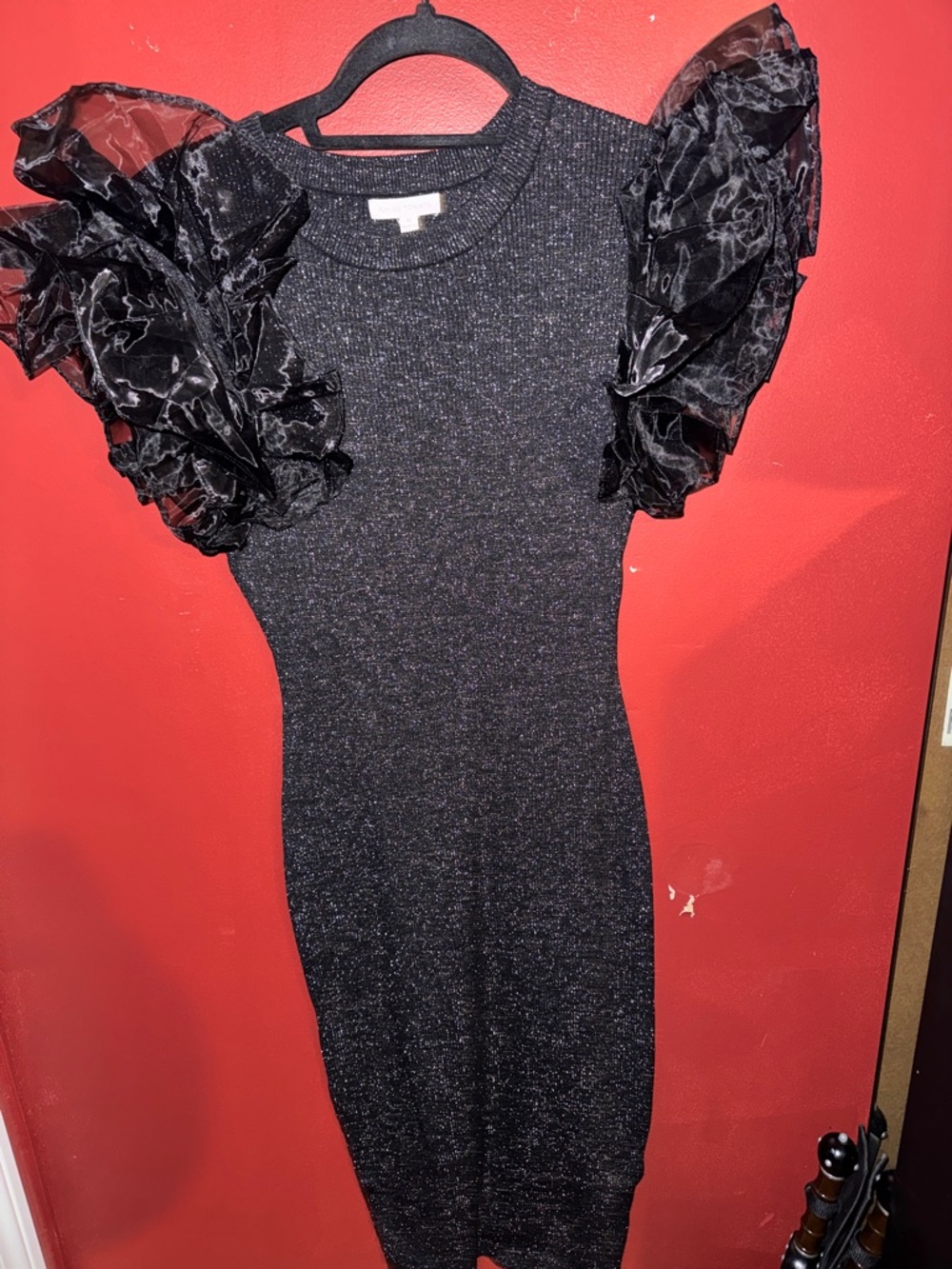 Unique Vintage Sparkle Black Sheath Dress with Puff Sleeves